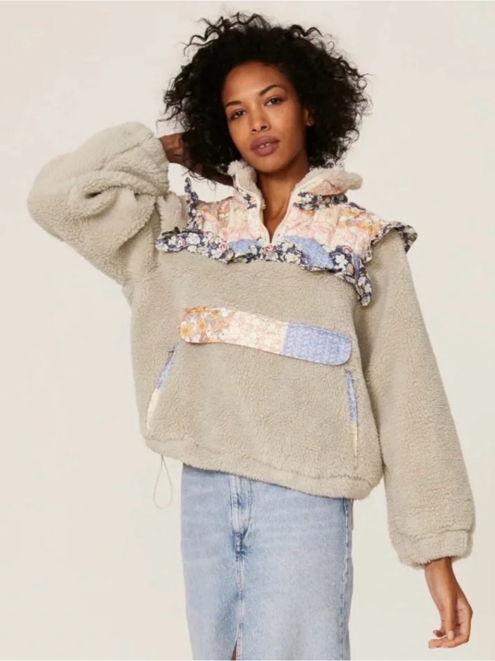 Sea New York Floral Patchwork Sherpa Fleece Half Zip Pullover